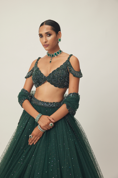 Dark Jade Green Sequins Scattered Tulle Lehenga Set Melange Singapore Online Shopping Indian Designer Wear V Vani Vats