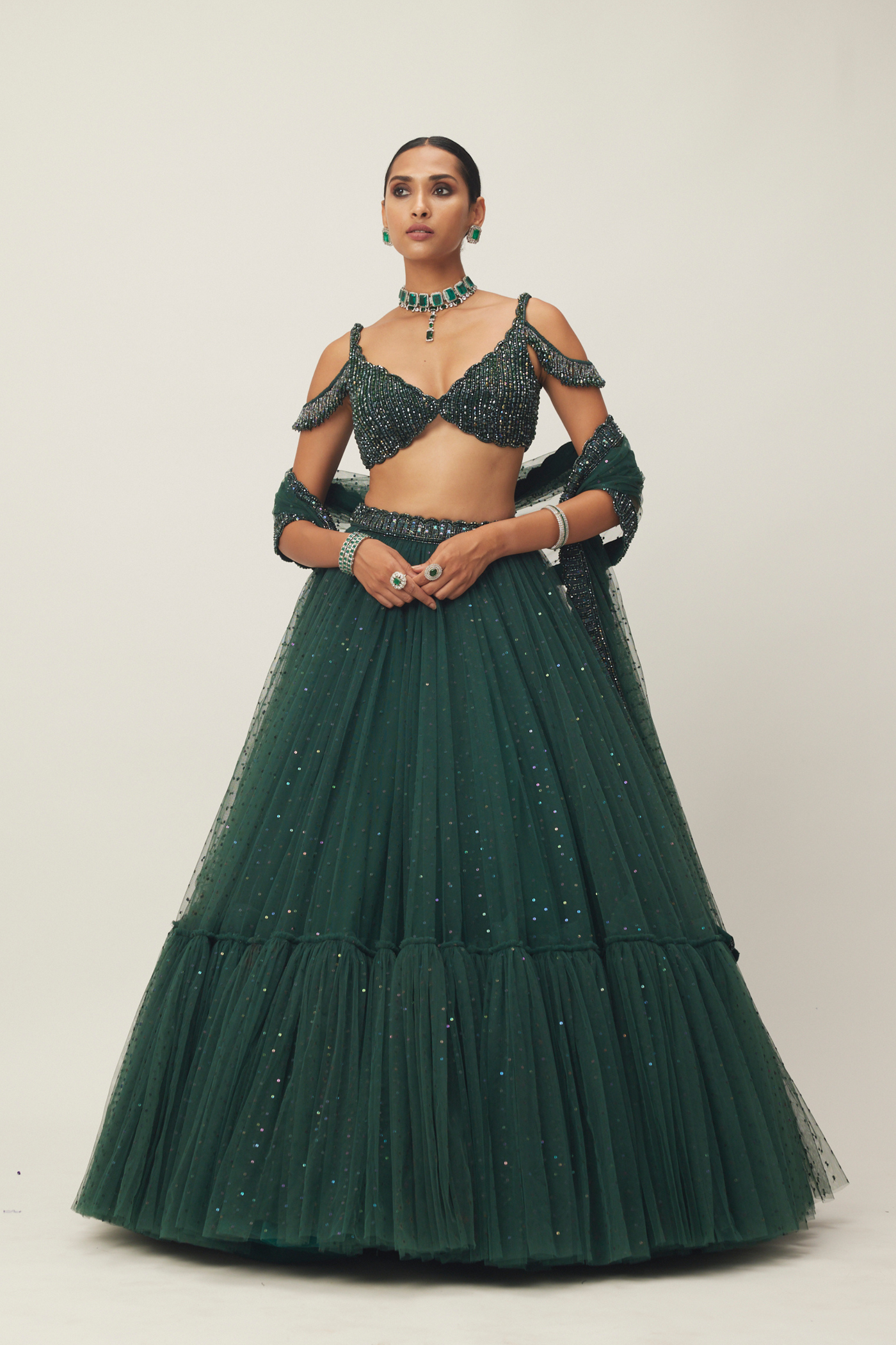 Dark Jade Green Sequins Scattered Tulle Lehenga Set Melange Singapore Online Shopping Indian Designer Wear V Vani Vats