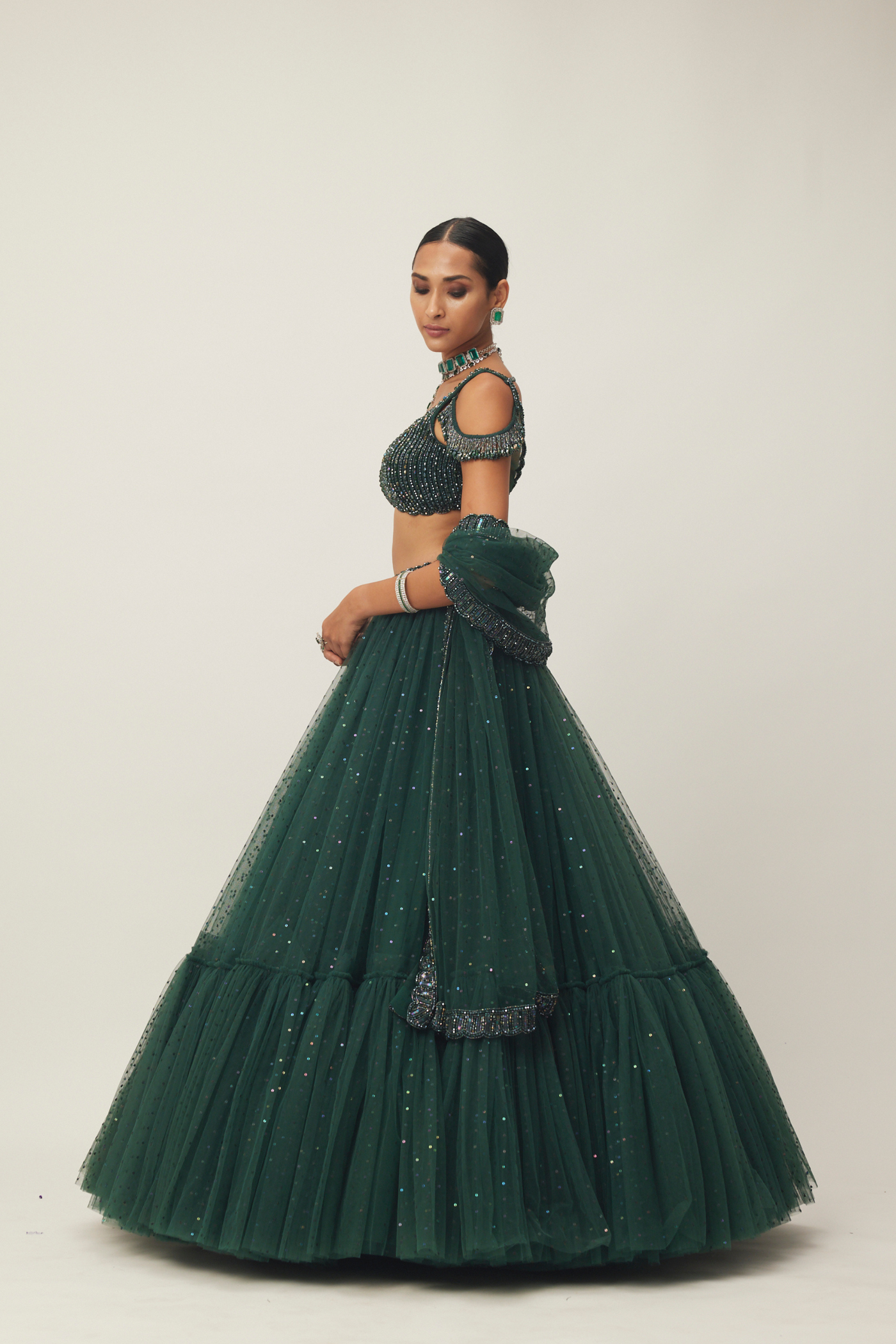 Dark Jade Green Sequins Scattered Tulle Lehenga Set Melange Singapore Online Shopping Indian Designer Wear V Vani Vats