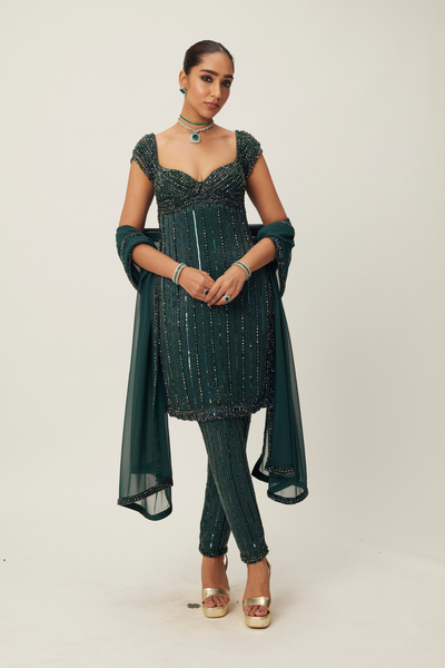 Dark Jade Green Crystal Embellished Kurta Set Melange Singapore Online Shopping Indian Designer Wear V Vani Vats