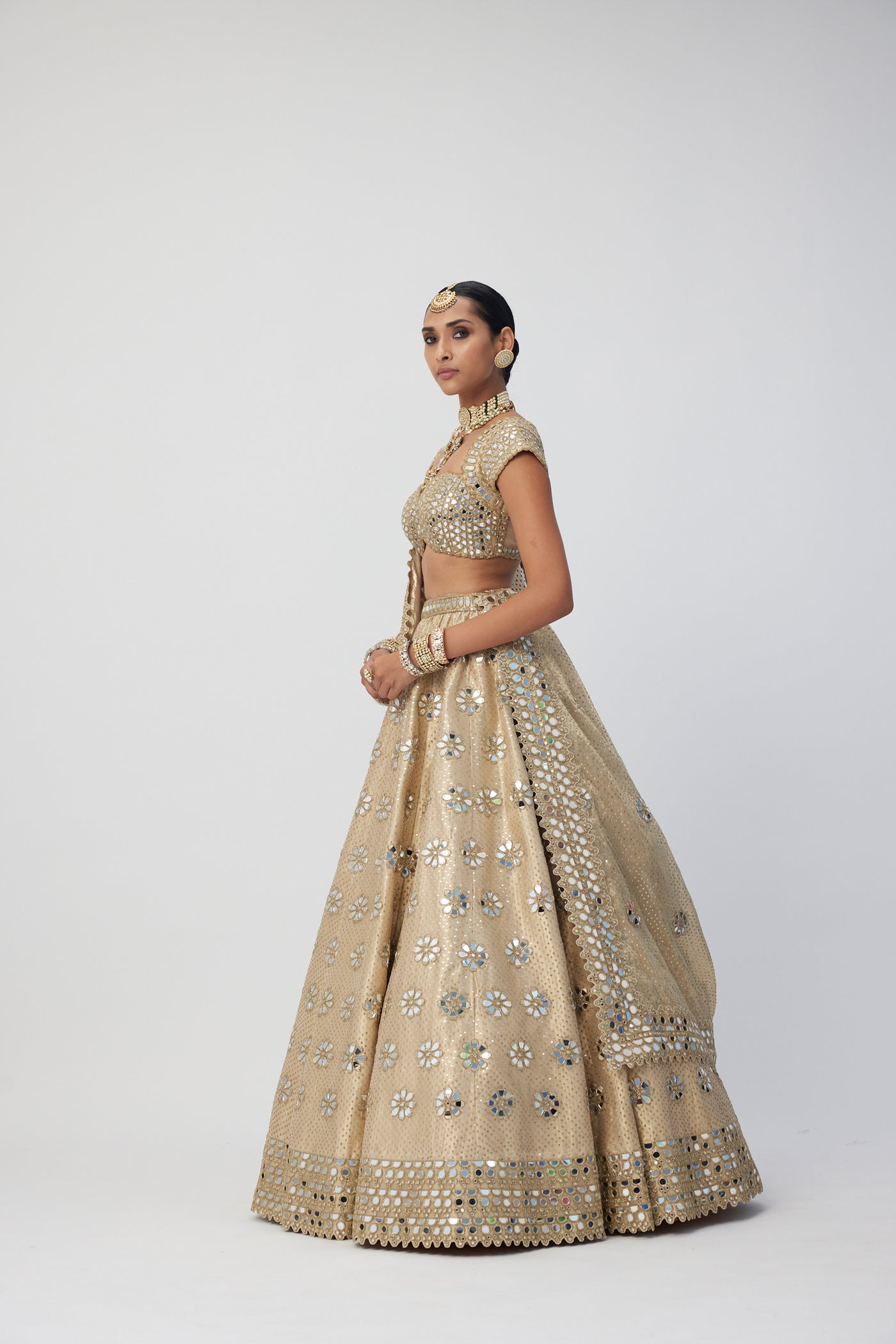 V Vani Vats Golden Shimmer Organza Flower Lehenga Set indian designer wear online shopping melange singapore