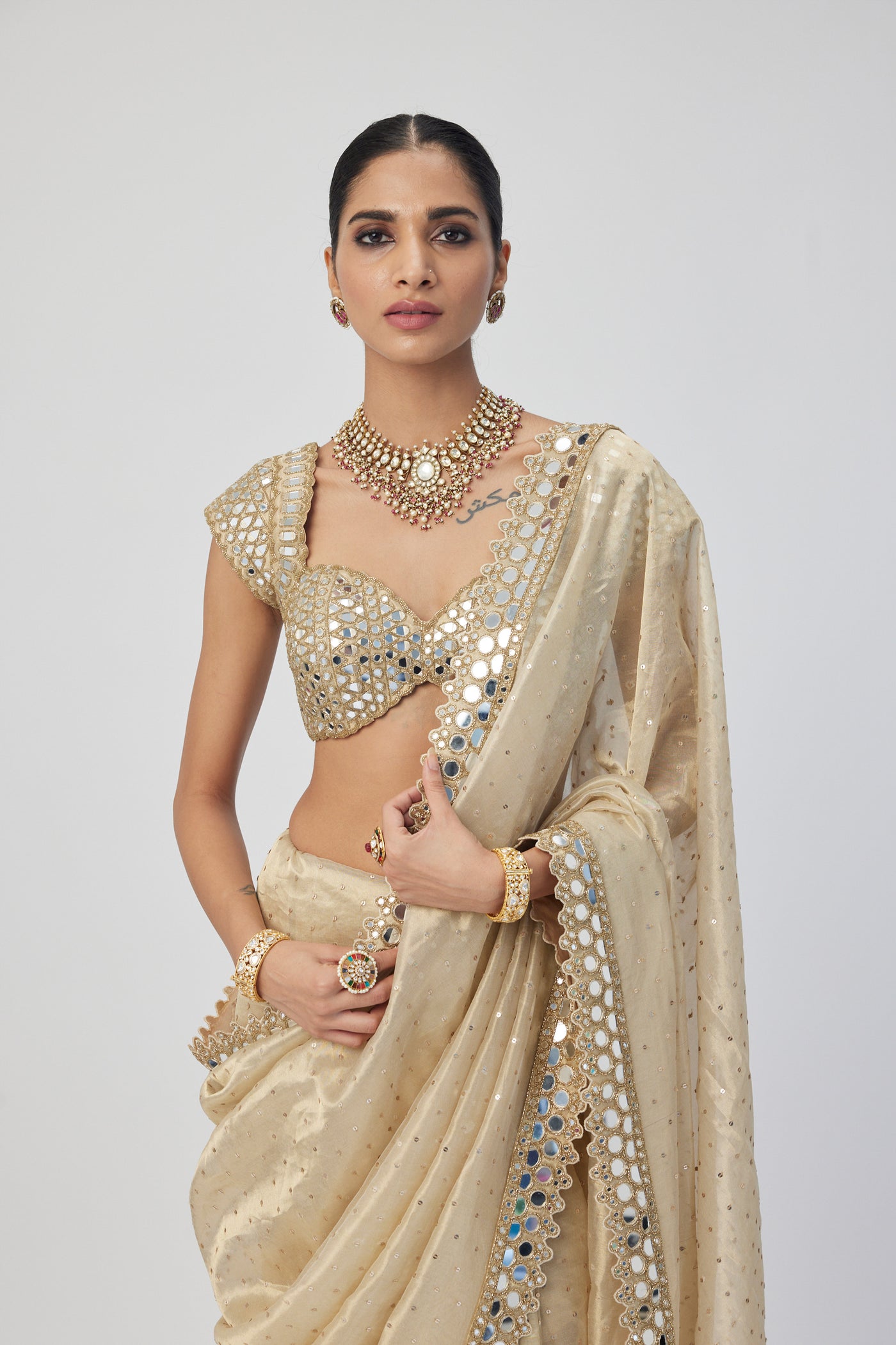 V Vani Vats Golden Shimmer Organza Saree Set indian designer wear online shopping melange singapore