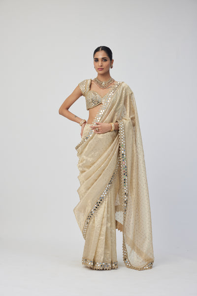 V Vani Vats Golden Shimmer Organza Saree Set indian designer wear online shopping melange singapore