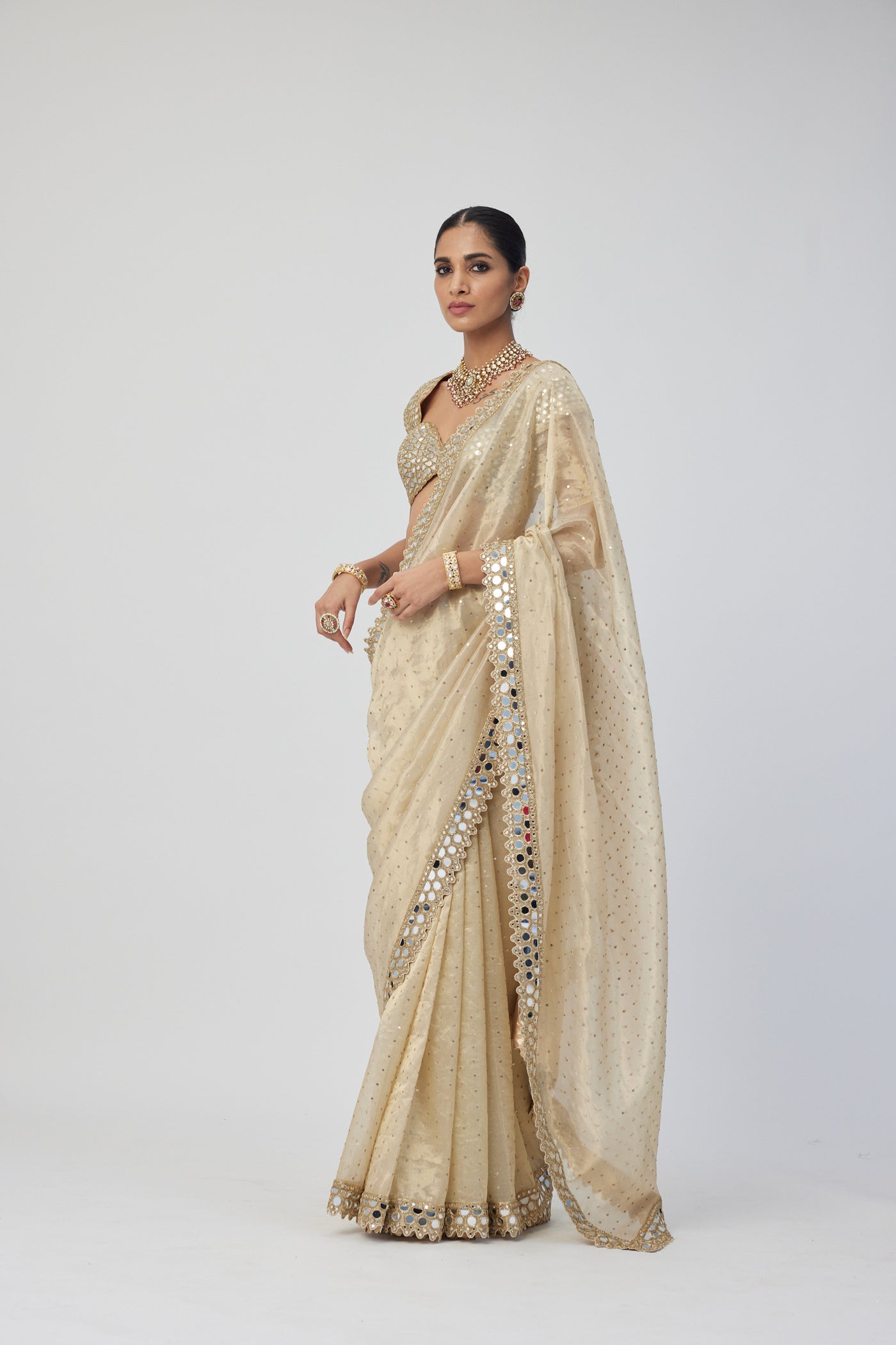 V Vani Vats Golden Shimmer Organza Saree Set indian designer wear online shopping melange singapore