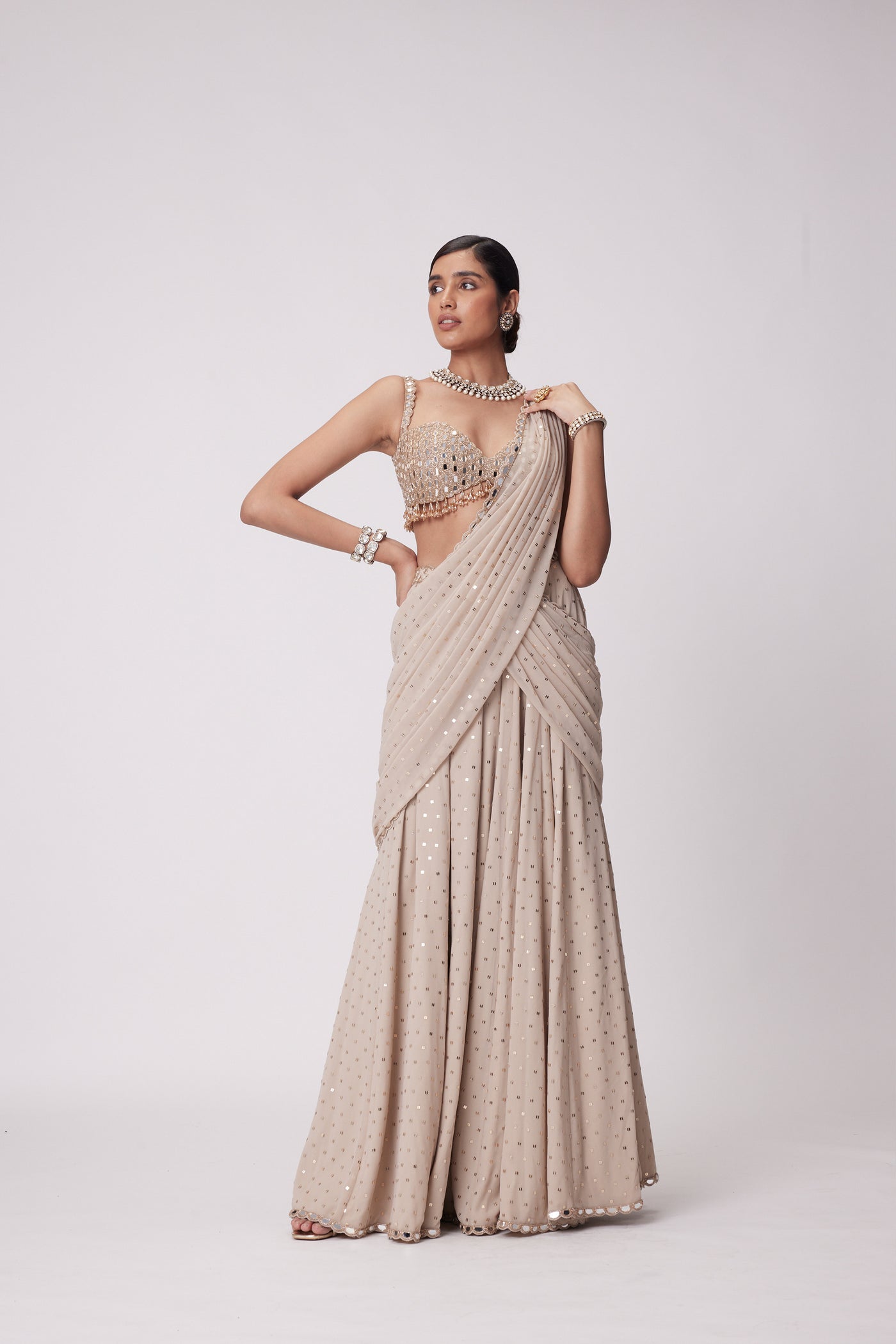 V Vani Vats Light Beige Georgette Pre Draped Saree Set indian designer wear online shopping melange singapore