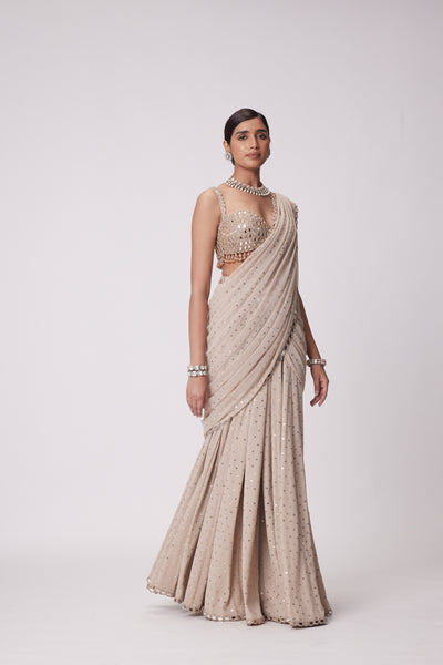 V Vani Vats Light Beige Georgette Pre Draped Saree Set indian designer wear online shopping melange singapore