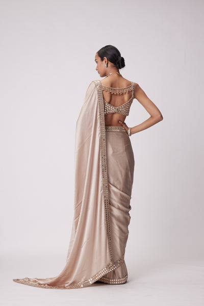 V Vani Vats Light Beige Satin Saree Set indian designer wear online shopping melange singapore