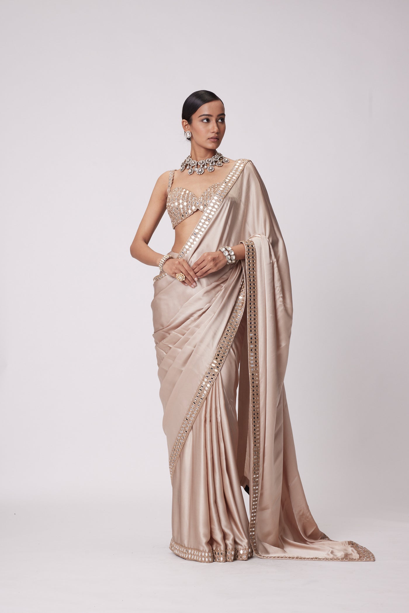 V Vani Vats Light Beige Satin Saree Set indian designer wear online shopping melange singapore