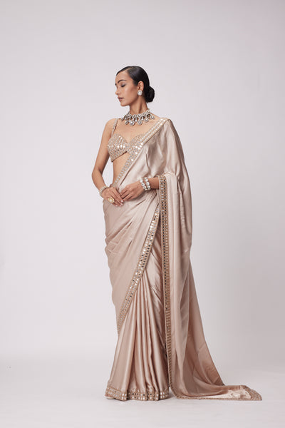 V Vani Vats Light Beige Satin Saree Set indian designer wear online shopping melange singapore