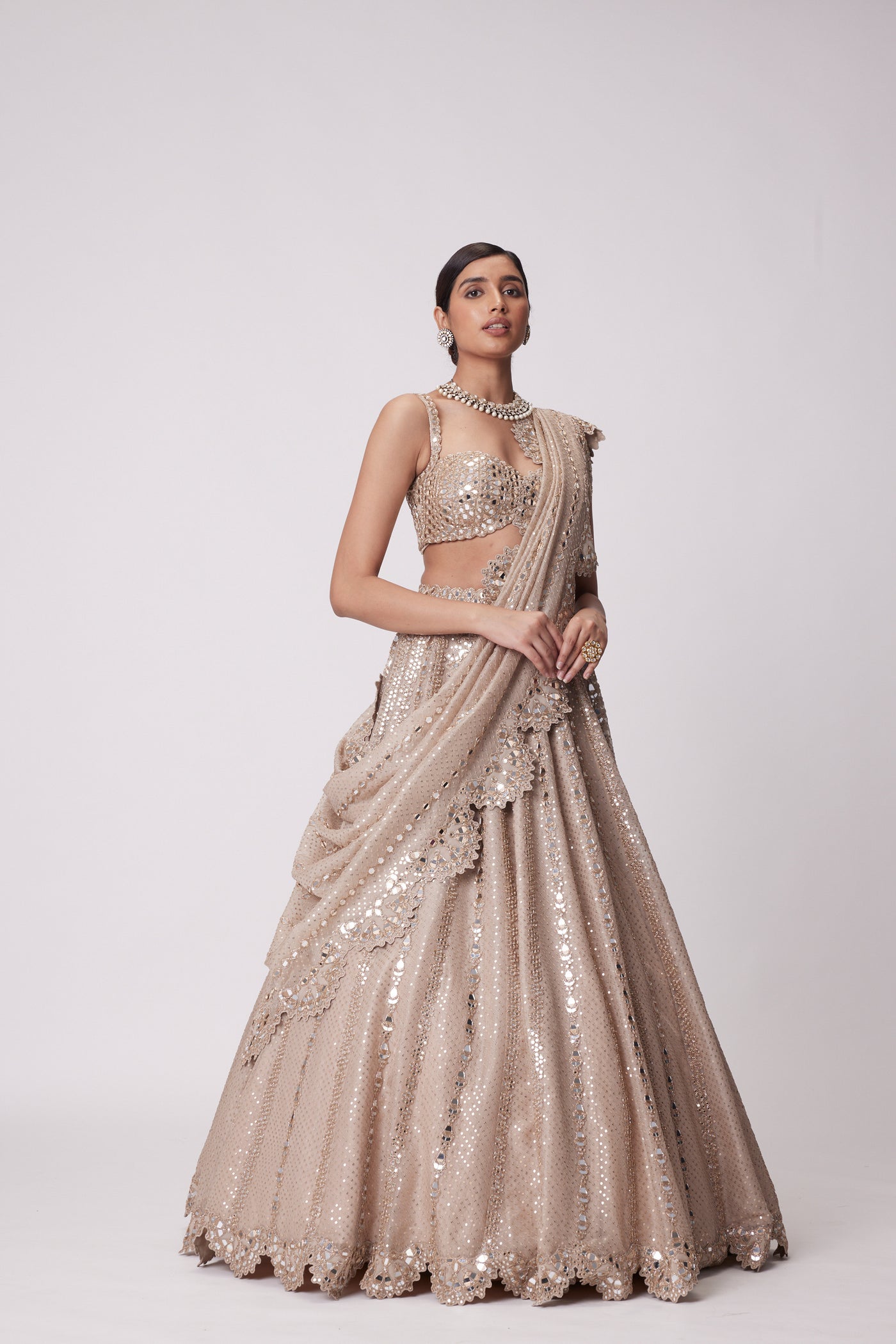 V Vani Vats Light Beige Sequin Embroidered Lehenga Set indian designer wear online shopping melange singapore