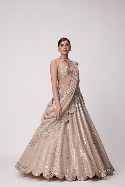 V Vani Vats Light Beige Sequin Embroidered Lehenga Set indian designer wear online shopping melange singapore