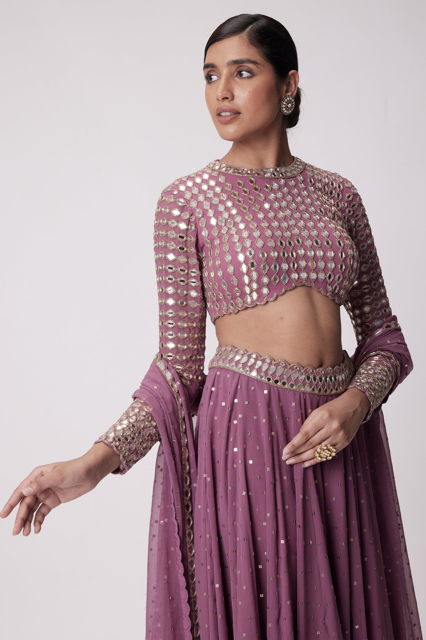 V Vani Vats Mud Mauve Hand Embroidered Lehenga Pants Set indian designer wear online shopping melange singapore