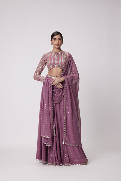 V Vani Vats Mud Mauve Hand Embroidered Lehenga Pants Set indian designer wear online shopping melange singapore