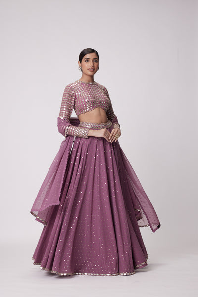 V Vani Vats Mud Mauve Hand Embroidered Lehenga Pants Set indian designer wear online shopping melange singapore