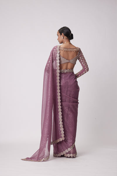 V Vani Vats Mud Mauve Hand Embroidered Organza Saree Set indian designer wear online shopping melange singapore