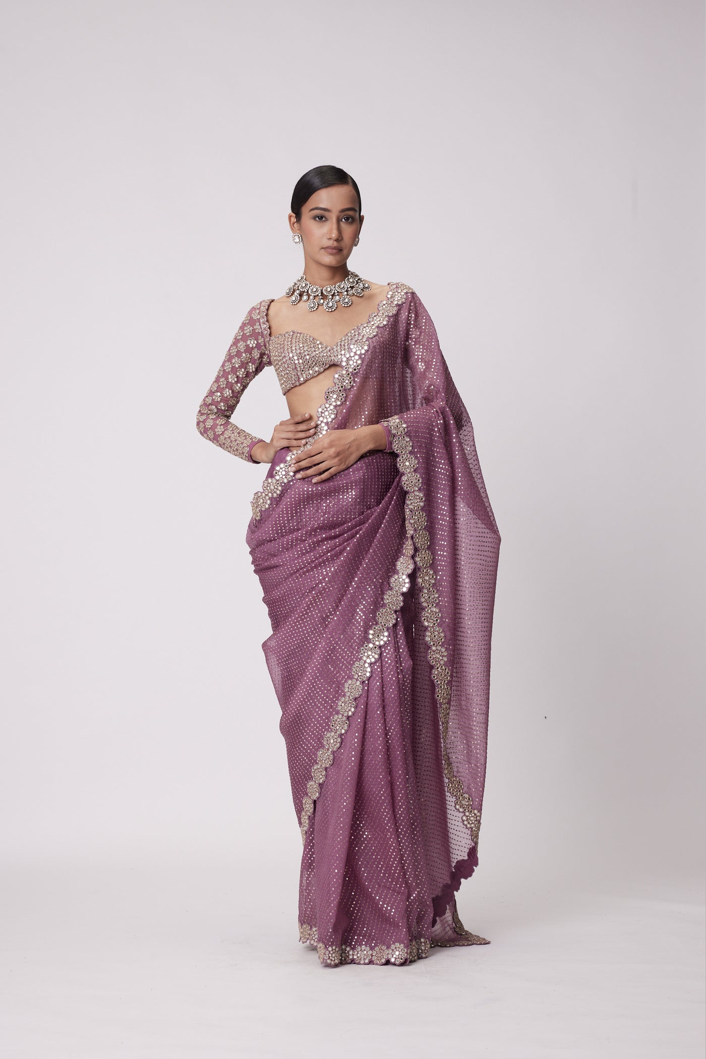 V Vani Vats Mud Mauve Hand Embroidered Organza Saree Set indian designer wear online shopping melange singapore