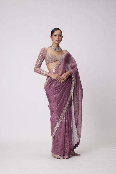 V Vani Vats Mud Mauve Hand Embroidered Organza Saree Set indian designer wear online shopping melange singapore