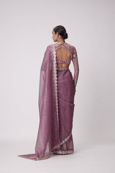 V Vani Vats Mud Mauve Hand Embroidered Saree Set indian designer wear online shopping melange singapore