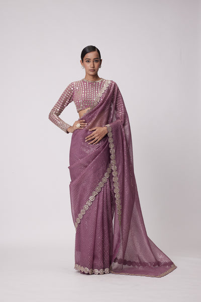 V Vani Vats Mud Mauve Hand Embroidered Saree Set indian designer wear online shopping melange singapore