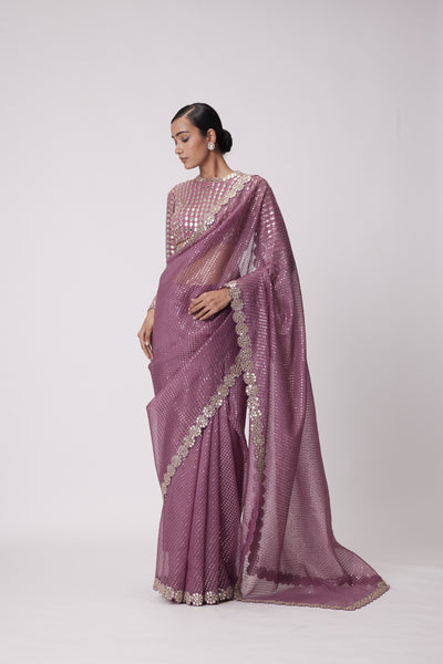 V Vani Vats Mud Mauve Hand Embroidered Saree Set indian designer wear online shopping melange singapore