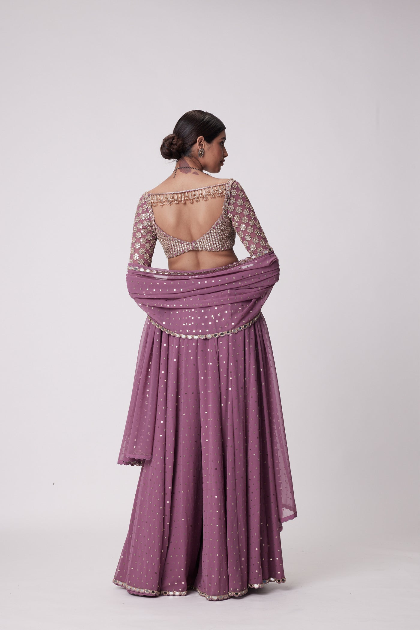 V Vani Vats Mud Mauve Mirror Embroidered Lehenga Pants Set indian designer wear online shopping melange singapore