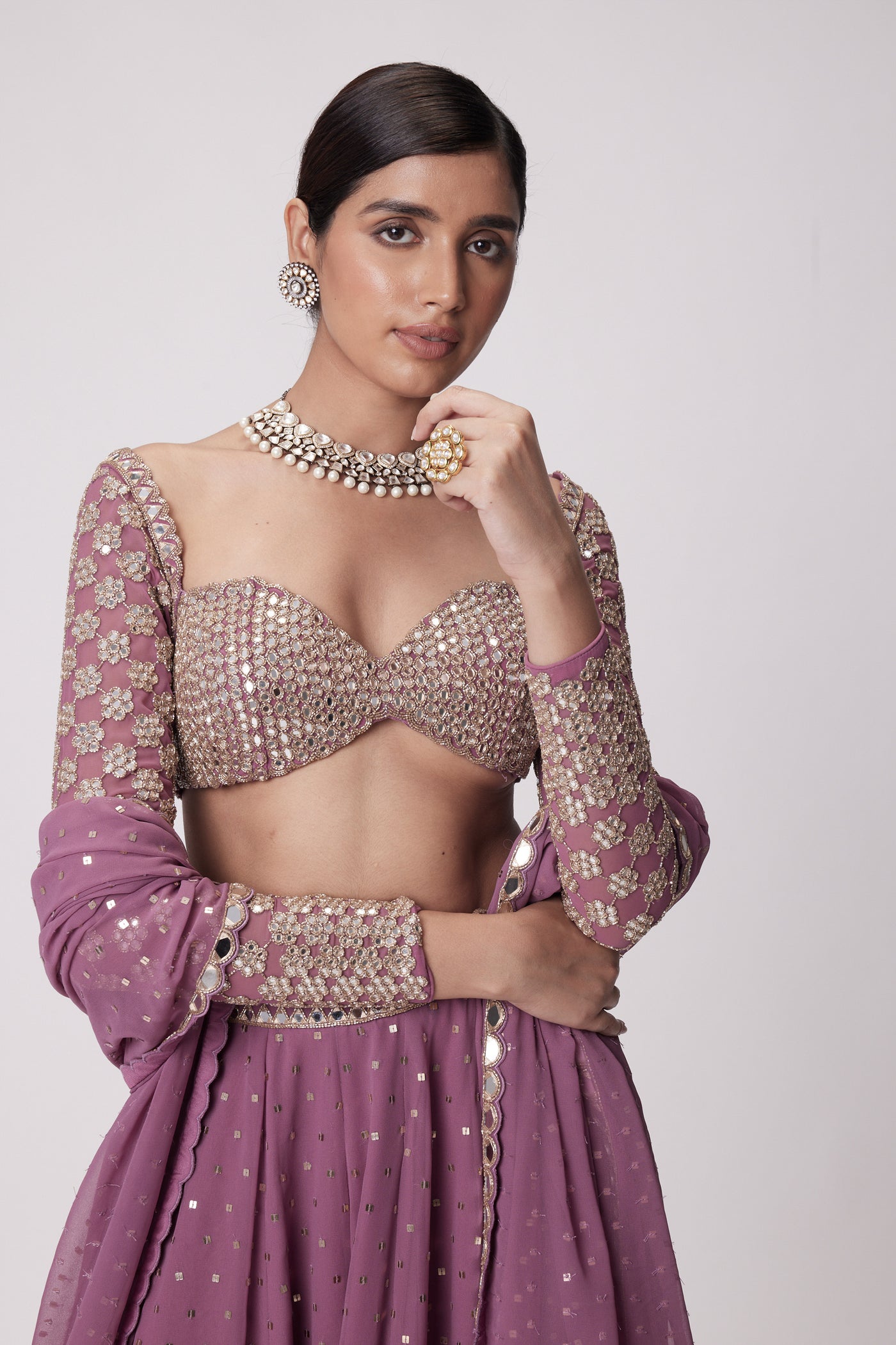 V Vani Vats Mud Mauve Mirror Embroidered Lehenga Pants Set indian designer wear online shopping melange singapore