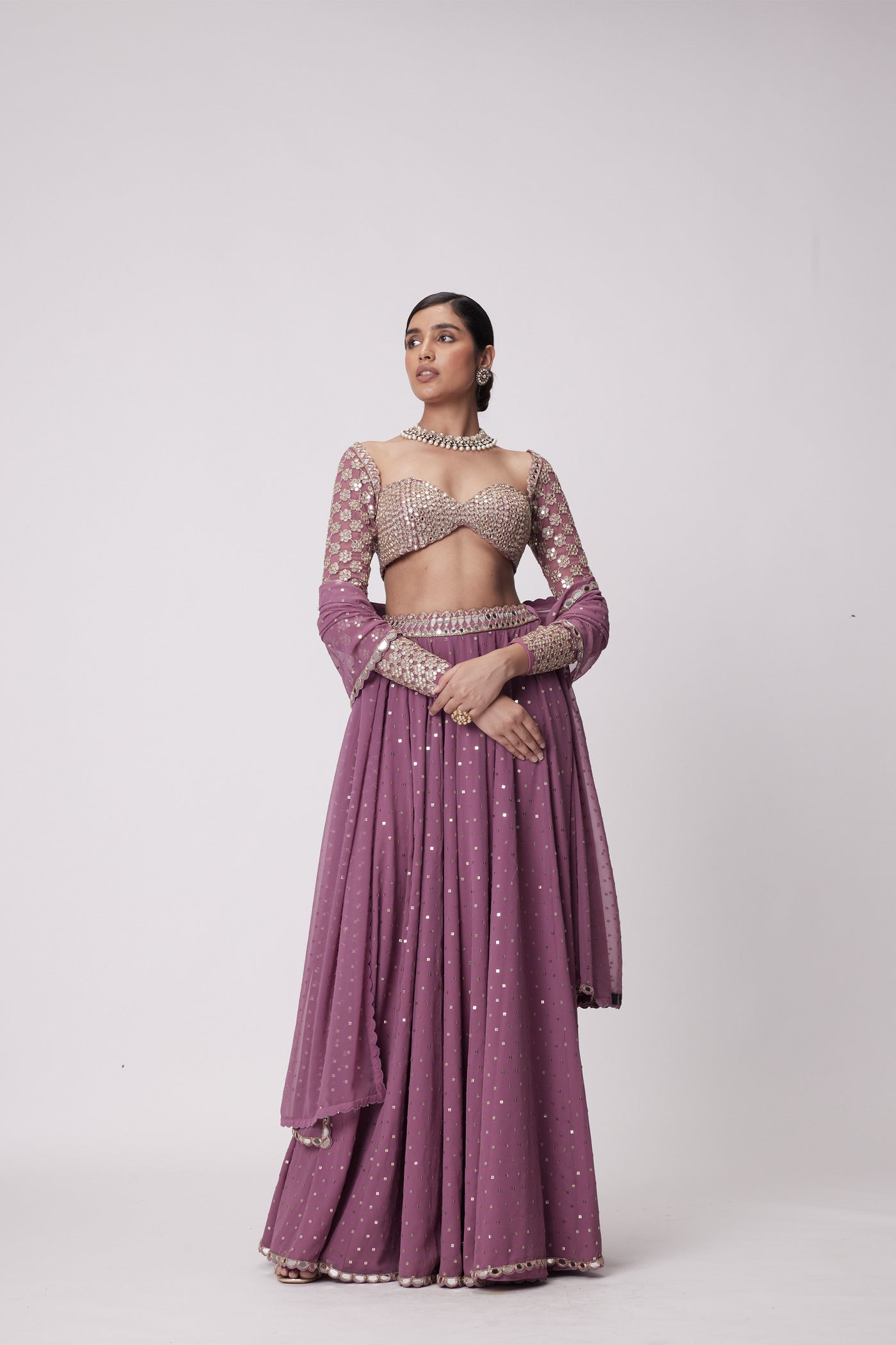 V Vani Vats Mud Mauve Mirror Embroidered Lehenga Pants Set indian designer wear online shopping melange singapore