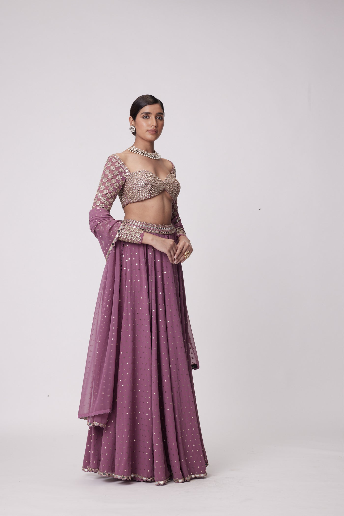 V Vani Vats Mud Mauve Mirror Embroidered Lehenga Pants Set indian designer wear online shopping melange singapore