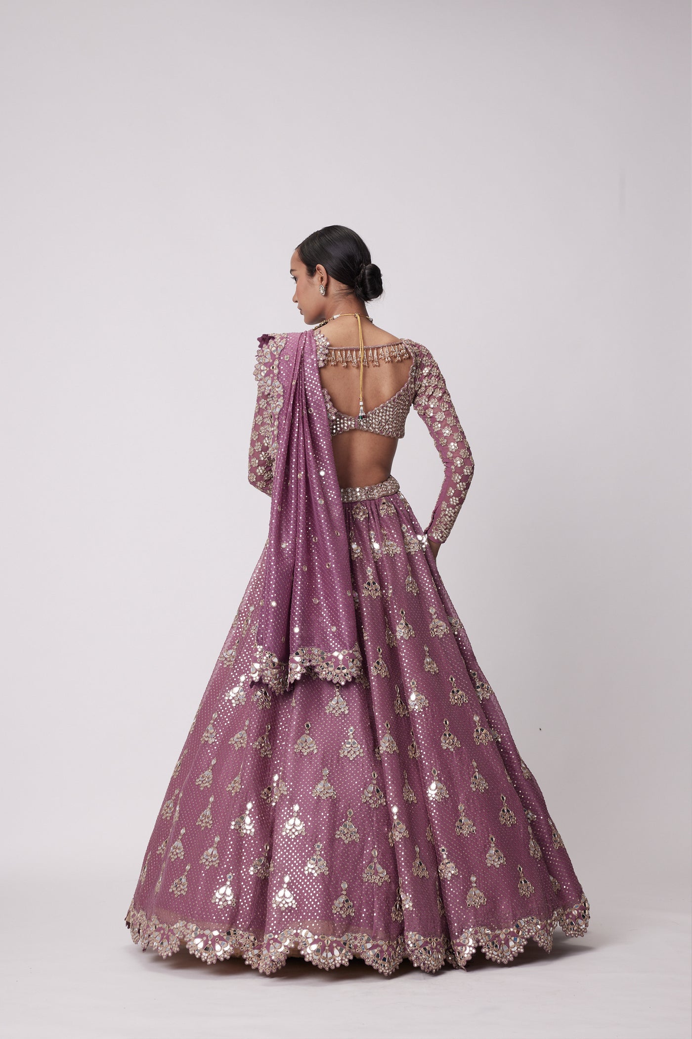 V Vani Vats Mud Mauve Sequin And Flower Embroidered Lehenga Set indian designer wear online shopping melange singapore