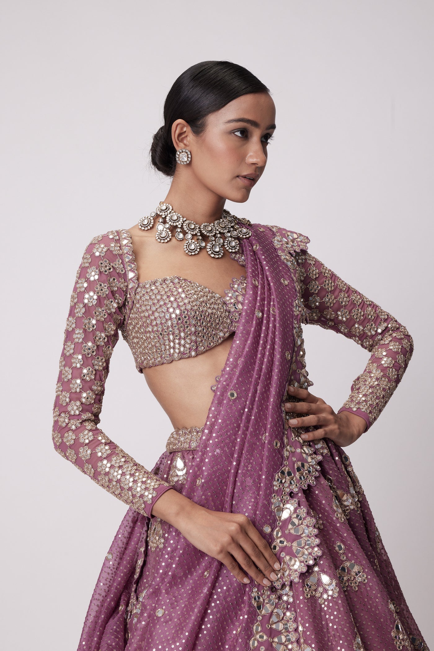 V Vani Vats Mud Mauve Sequin And Flower Embroidered Lehenga Set indian designer wear online shopping melange singapore