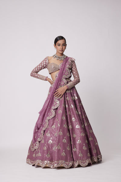 V Vani Vats Mud Mauve Sequin And Flower Embroidered Lehenga Set indian designer wear online shopping melange singapore