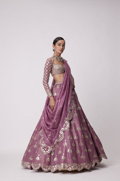 V Vani Vats Mud Mauve Sequin And Flower Embroidered Lehenga Set indian designer wear online shopping melange singapore