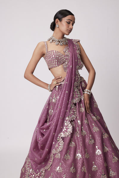 V Vani Vats Mud Mauve Sequin Embroidered Lehenga Set indian designer wear online shopping melange singapore