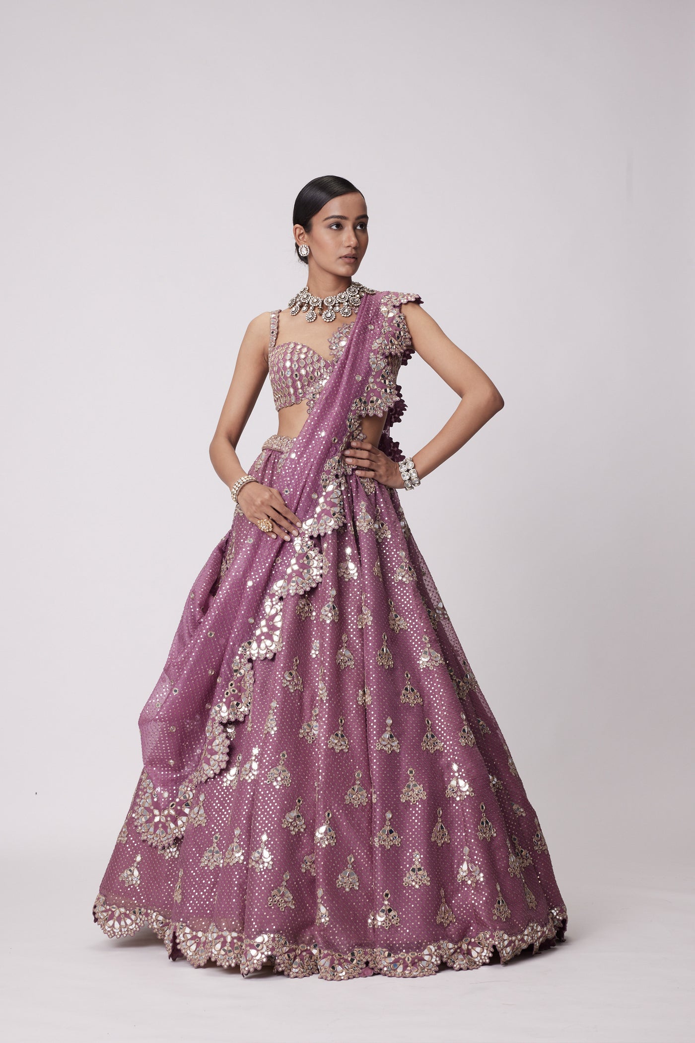 V Vani Vats Mud Mauve Sequin Embroidered Lehenga Set indian designer wear online shopping melange singapore