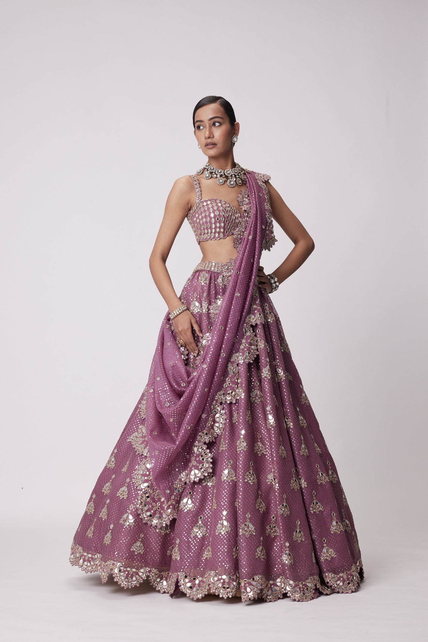 V Vani Vats Mud Mauve Sequin Embroidered Lehenga Set indian designer wear online shopping melange singapore