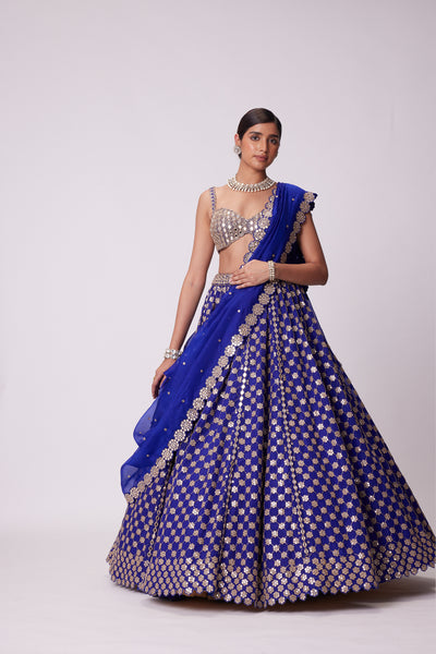 V Vani Vats Persian Blue Flower Lehenga Set indian designer wear online shopping melange singapore