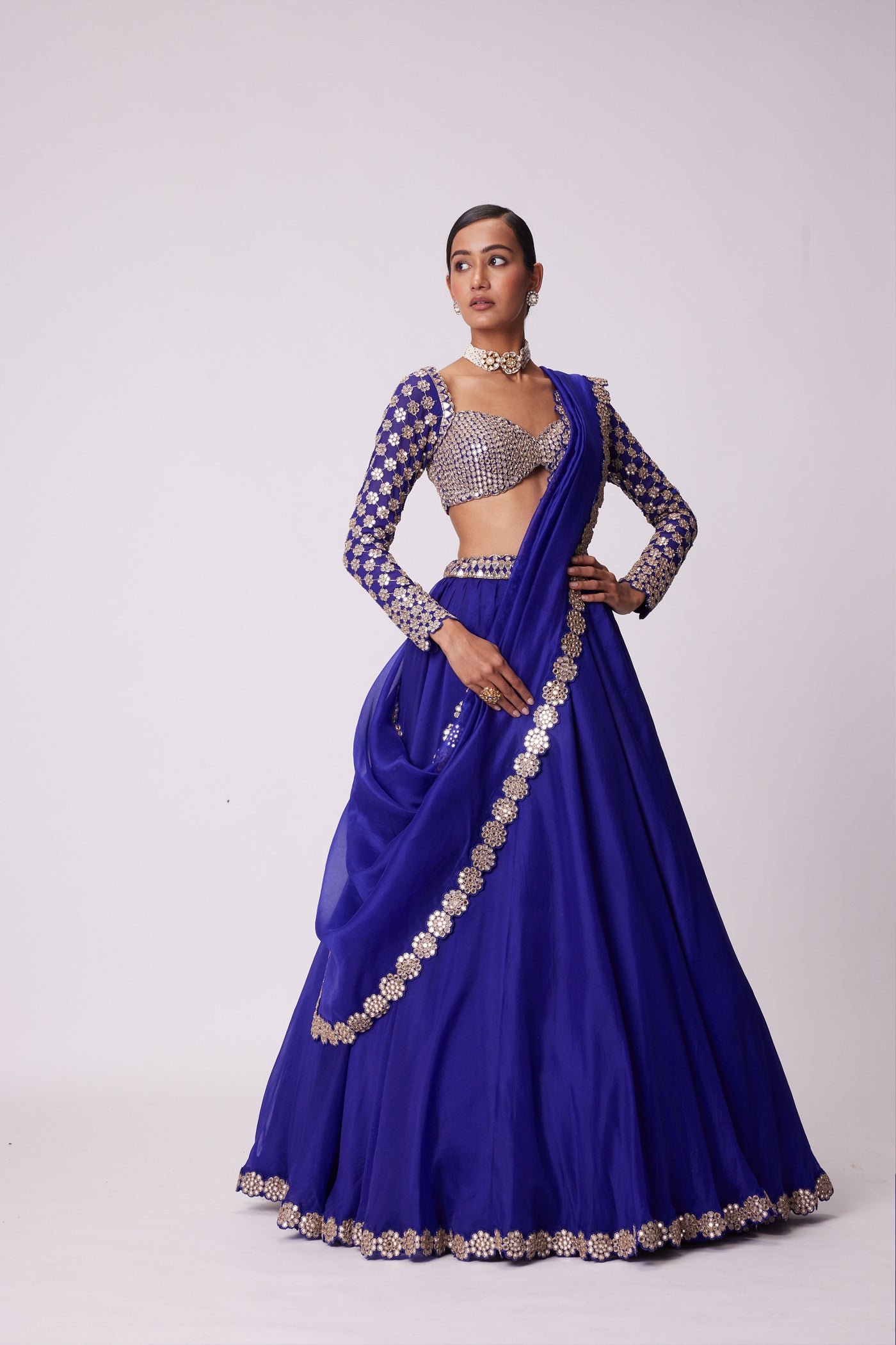 V Vani Vats Persian Blue Hand Embroidered Lehenga Set indian designer wear online shopping melange singapore