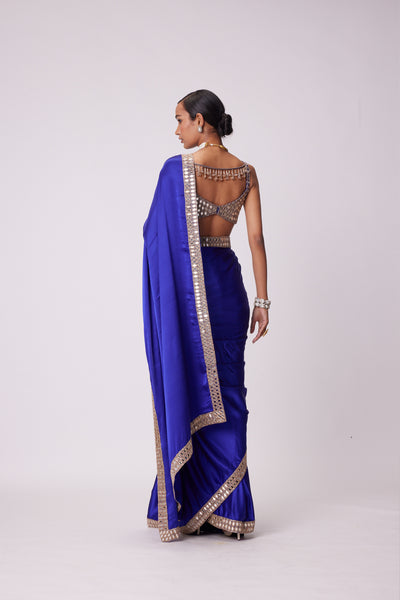 V Vani Vats Persian Blue Hand Embroidered Satin Saree Set indian designer wear online shopping melange singapore