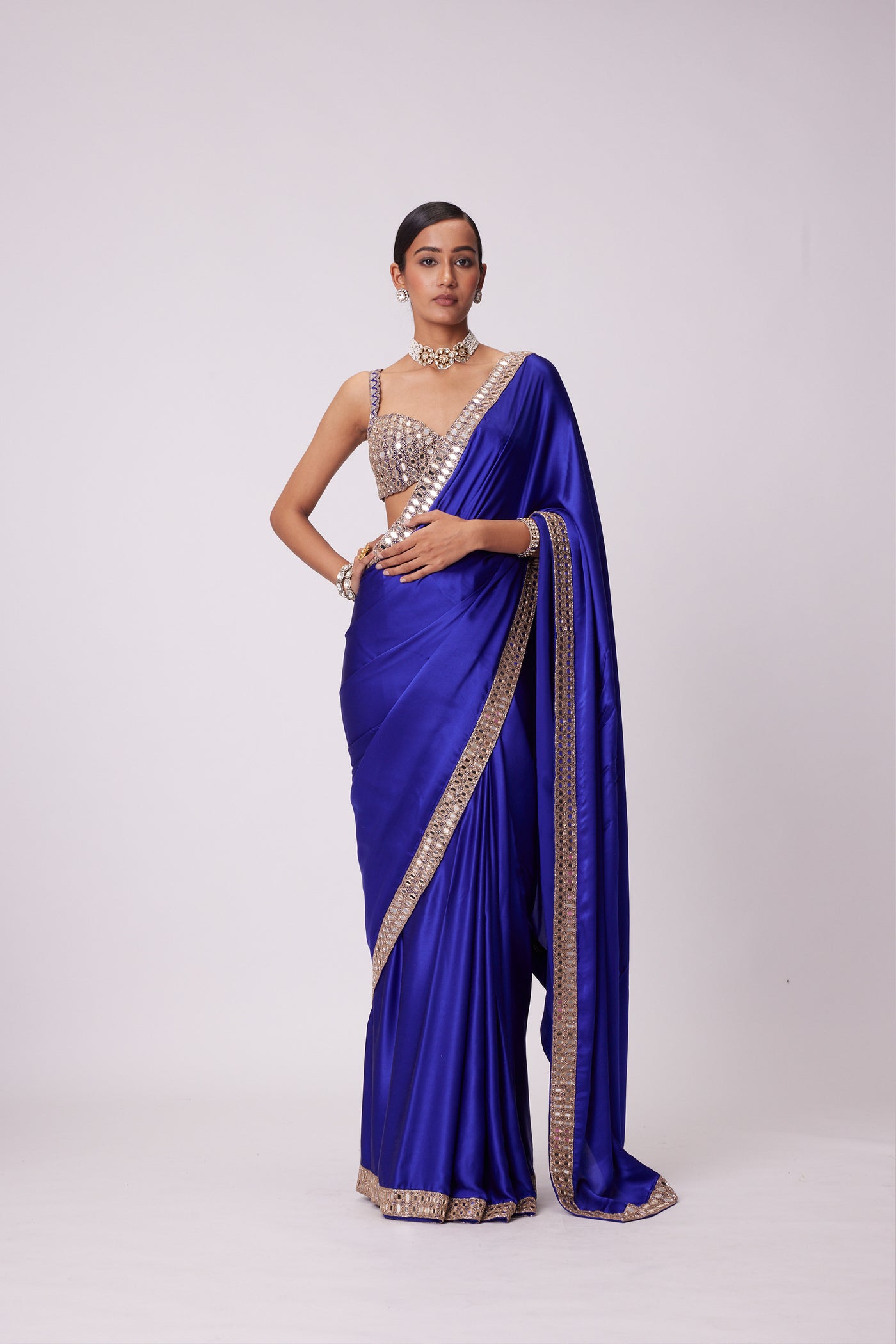 V Vani Vats Persian Blue Hand Embroidered Satin Saree Set indian designer wear online shopping melange singapore