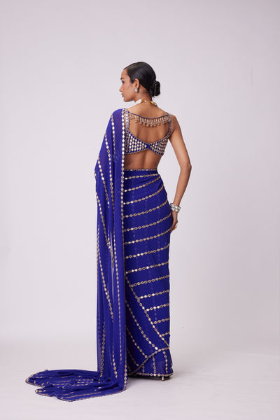 V Vani Vats Persian Blue Linear Embroidery Georgette Saree Set indian designer wear online shopping melange singapore