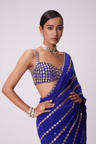 V Vani Vats Persian Blue Linear Embroidery Georgette Saree Set indian designer wear online shopping melange singapore