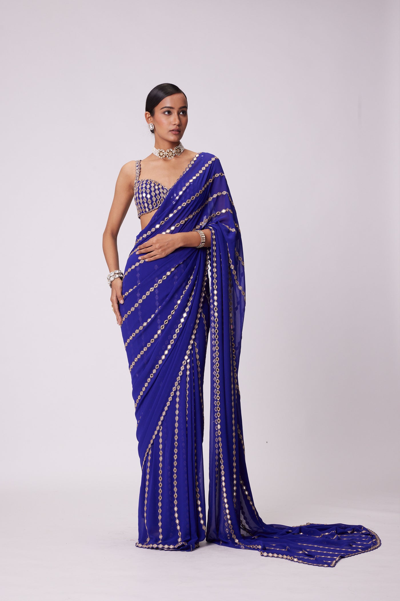 V Vani Vats Persian Blue Linear Embroidery Georgette Saree Set indian designer wear online shopping melange singapore