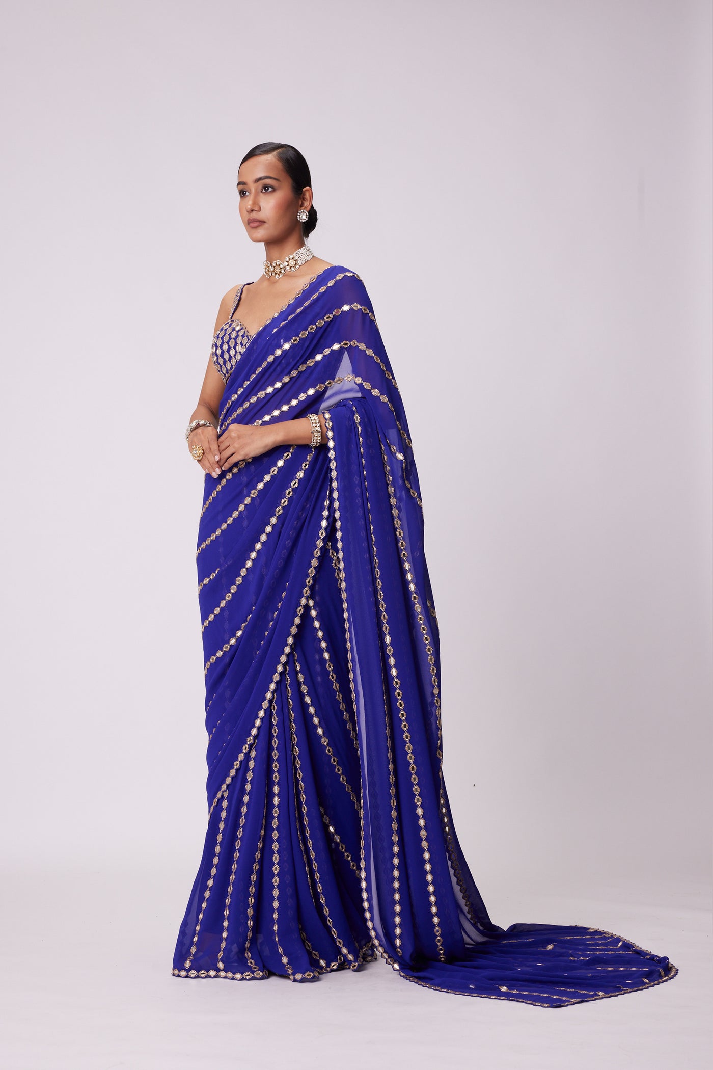 V Vani Vats Persian Blue Linear Embroidery Georgette Saree Set indian designer wear online shopping melange singapore