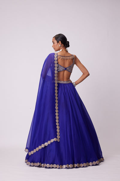 V Vani Vats Persian Blue Linear Mirror Embroidered Lehenga Set indian designer wear online shopping melange singapore