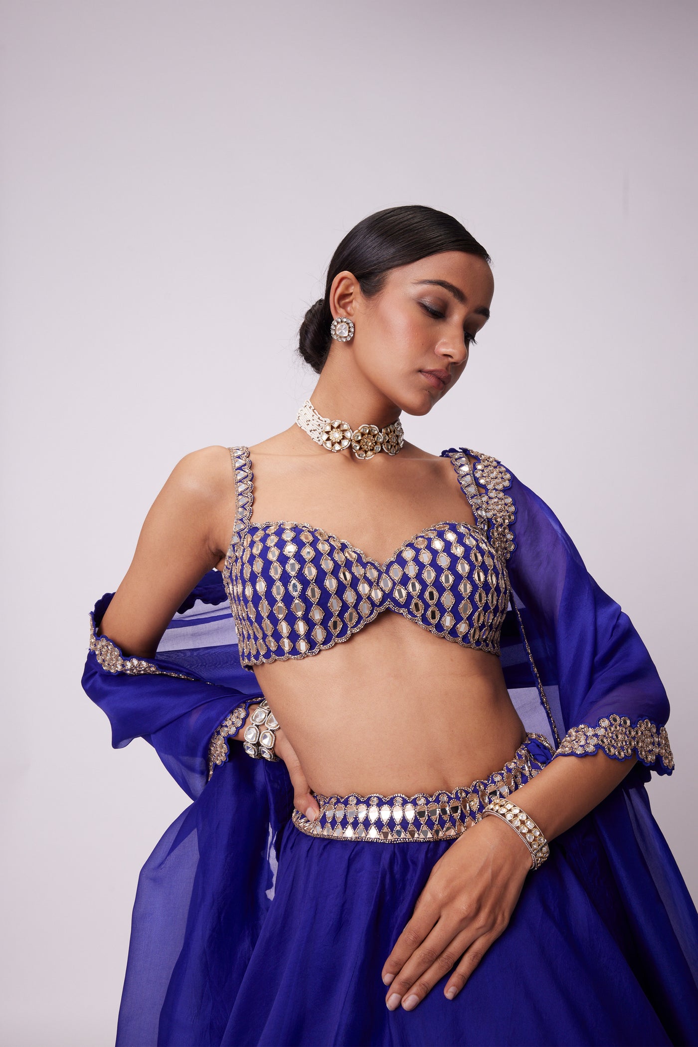 V Vani Vats Persian Blue Linear Mirror Embroidered Lehenga Set indian designer wear online shopping melange singapore