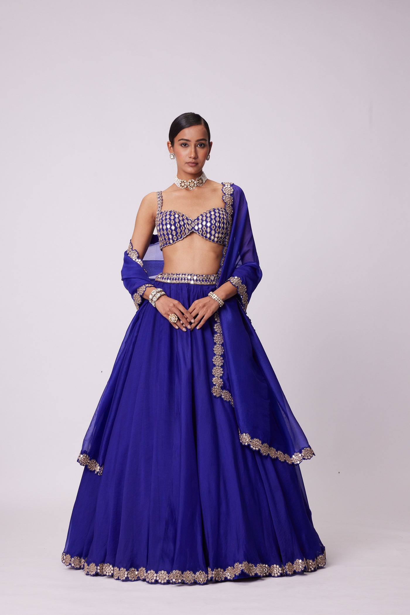 V Vani Vats Persian Blue Linear Mirror Embroidered Lehenga Set indian designer wear online shopping melange singapore