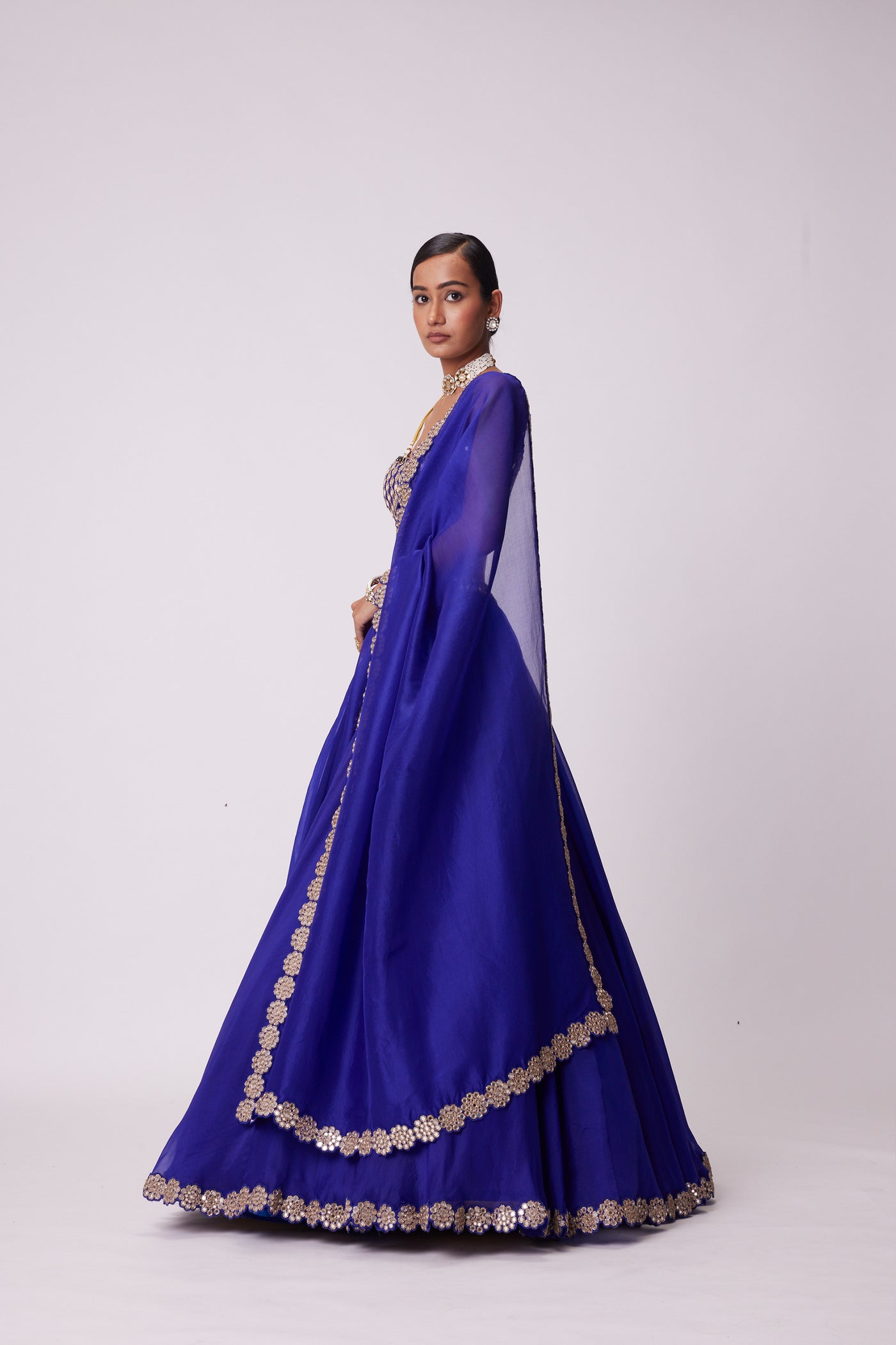 V Vani Vats Persian Blue Linear Mirror Embroidered Lehenga Set indian designer wear online shopping melange singapore