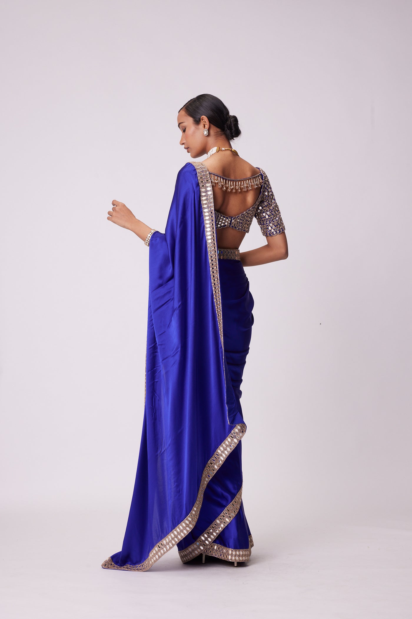 V Vani Vats Persian Blue Mirror Embroidered Satin Saree Set indian designer wear online shopping melange singapore