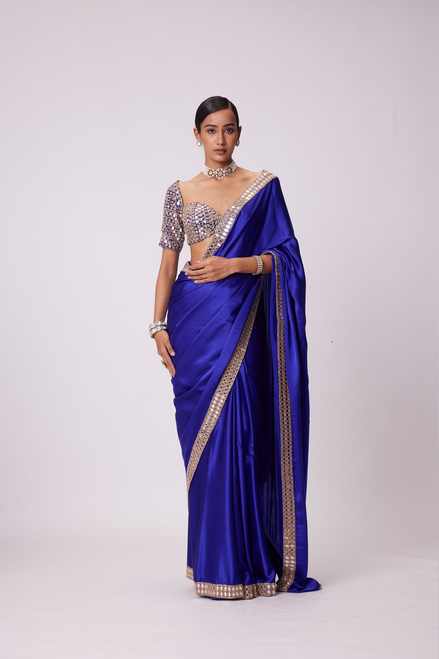 V Vani Vats Persian Blue Mirror Embroidered Satin Saree Set indian designer wear online shopping melange singapore