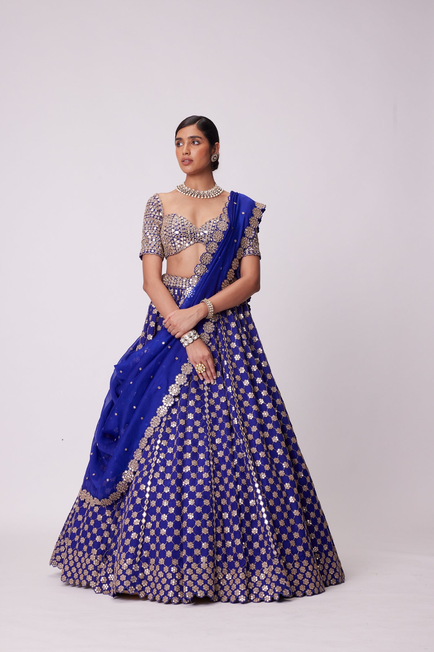 V Vani Vats Persian Blue Mirror Flower Embroidered Lehenga Set indian designer wear online shopping melange singapore